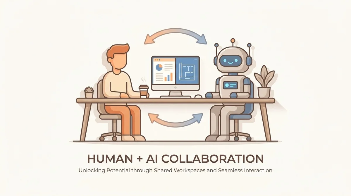 An illustration of human and AI collaboration featuring a person and a robot working together at a desk, representing the seamless interaction provided by modern technological solutions.