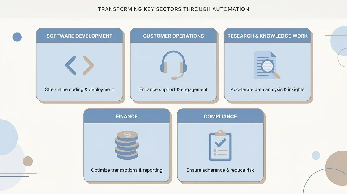 An infographic titled "Transforming Key Sectors Through Automation" showcasing five technological solutions for Software Development, Customer Operations, Research & Knowledge Work, Finance, and Compliance.