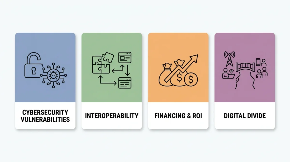 An educational infographic showcasing four primary challenges Smart City Technologies: Smart Energy, Smart Water, Smart Transport, and Smart Waste.