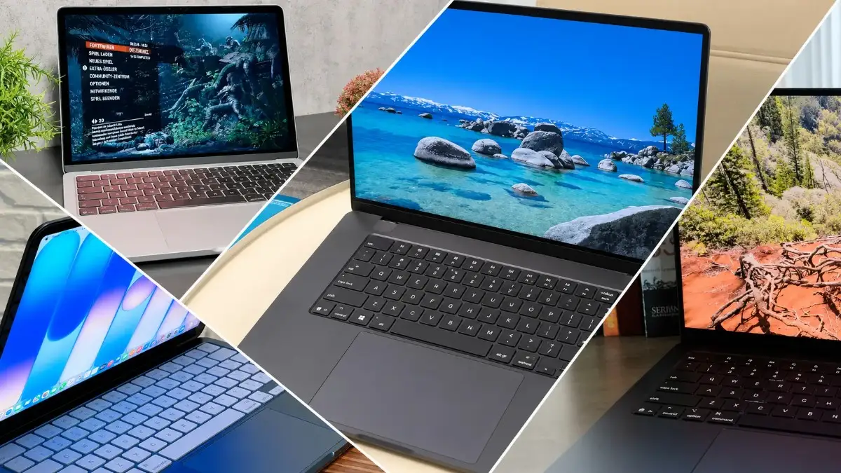 HD 16:9 collage of multiple MacBook laptops featuring vibrant displays, gaming visuals, scenic wallpapers, and sleek modern Apple laptop designs.