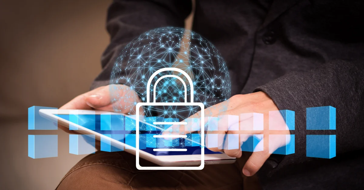 A close-up of a professional using a tablet overlayed with a digital security padlock and abstract global data node network, representing data handling rules in a cybersecurity checklist for gaming companies.