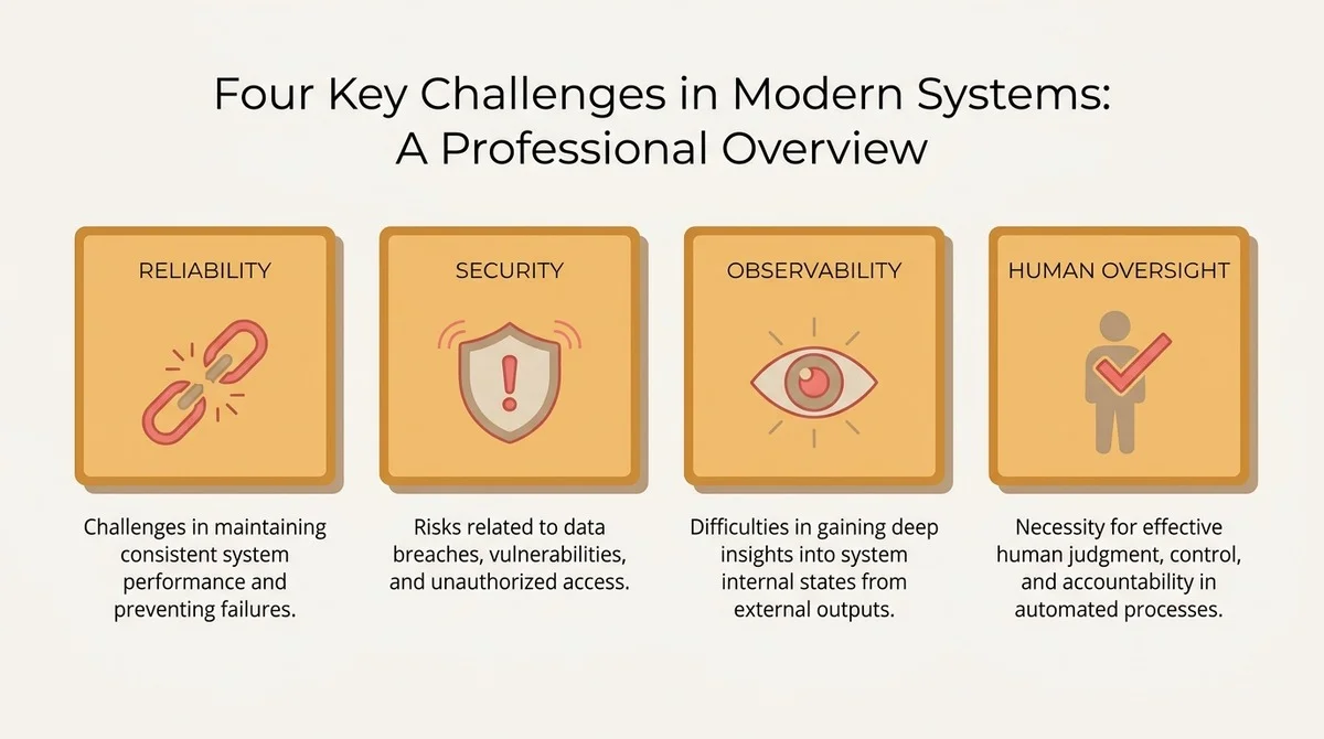 An infographic titled "Four Key Challenges in Modern Systems" identifying Reliability, Security, Observability, and Human Oversight as areas requiring advanced technological solutions.