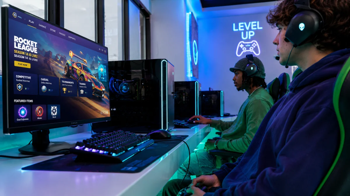A high-end collegiate esports facility featuring rows of optimized desktop battle stations, representing the core varsity training layout for msu gaming programs.