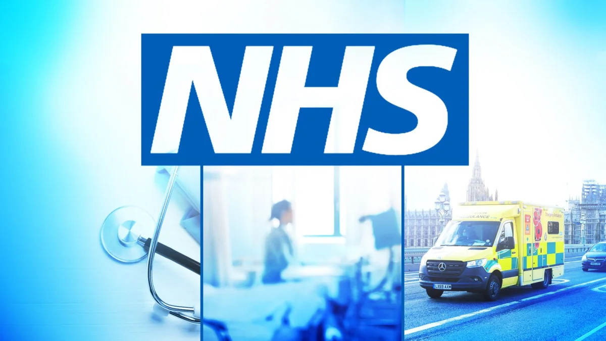 A multi-panel graphic featuring the National Health Service logo alongside a stethoscope, a patient in a medical setting, and an ambulance, illustrating the comprehensive services accessible through the NHS App.