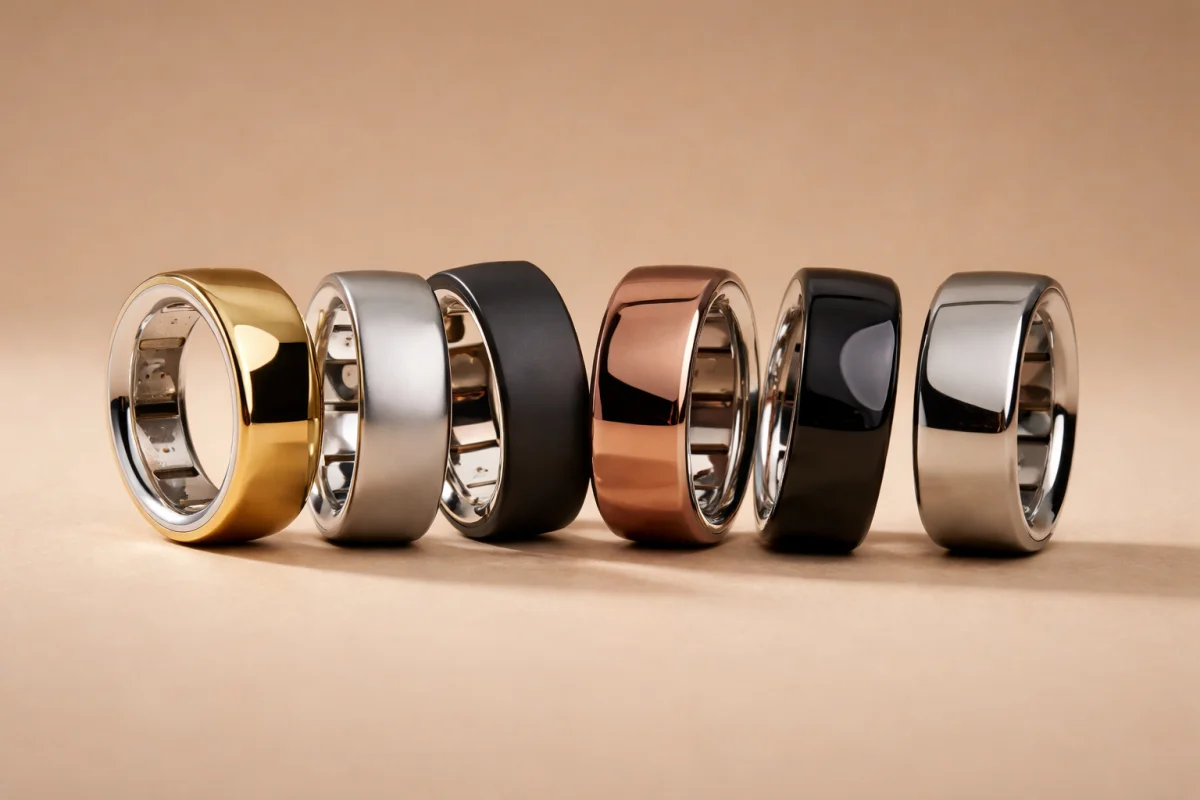 A side-by-side showcase of the oura ring 5 smart ring lineup in six metallic finishes including polished gold, brushed silver, matte black, and rose gold.