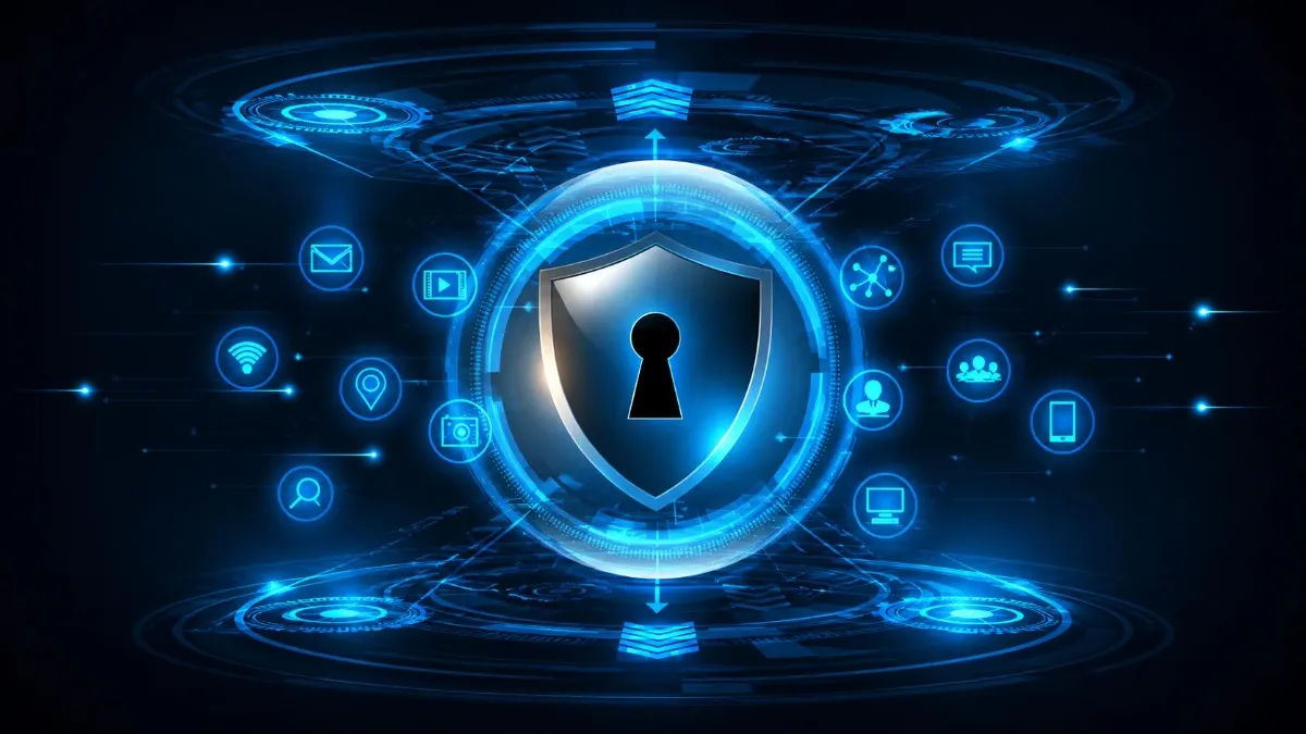 VPN Age Verification Law digital security concept with shield and keyhole representing online privacy protection and cyber regulation in a futuristic interface.