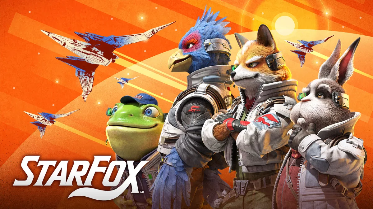 The legendary Star Fox team featuring Fox McCloud, Falco Lombardi, Slippy Toad, and Peppy Hare standing together against an orange space combat background.