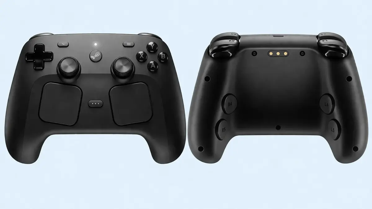 Front and back view of a black Steam Controller on a light blue background, showing dual trackpads, buttons, triggers, and rear grip controls in a clean studio render.