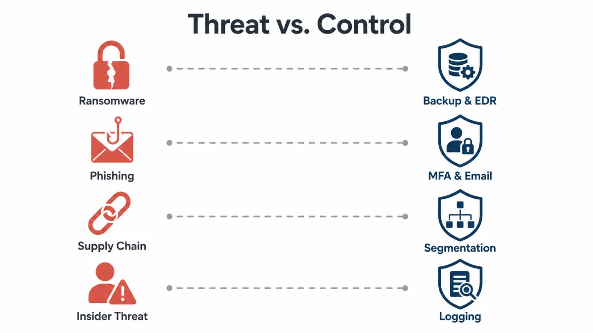 A "Threat vs. Control" infographic mapping common vulnerabilities to defensive measures, designed as a reference for a cybersecurity checklist for IT support teams.