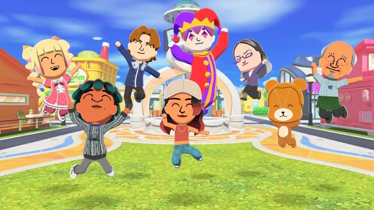 A screenshot from Tomodachi Life: Living the Dream featuring various Mii characters interacting on a vibrant, customizable island resort.
