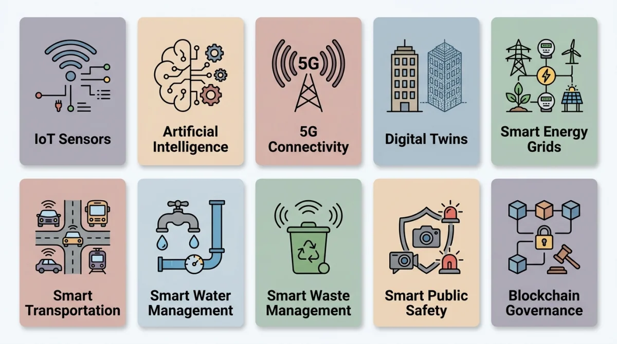 An educational infographic featuring 10 icon cards that detail various Smart City Technologies, including smart grids, automated transport, and sustainable waste management.