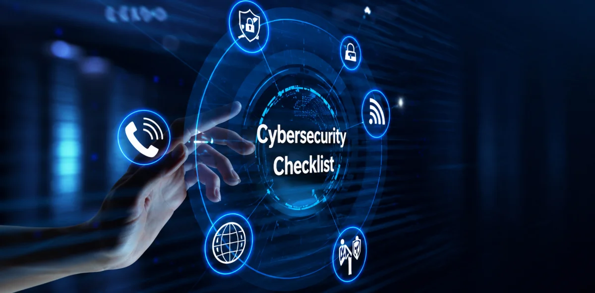 A digital interface featuring a Cybersecurity Checklist surrounded by glowing icons representing network security, data protection, and global connectivity.