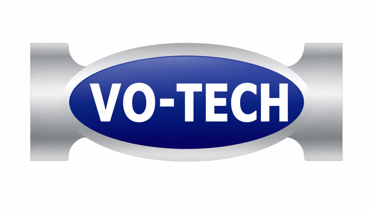 A professional logo for VO-TECH featuring white text on a blue oval background with a silver metallic border, representing leadership in VO Technology.