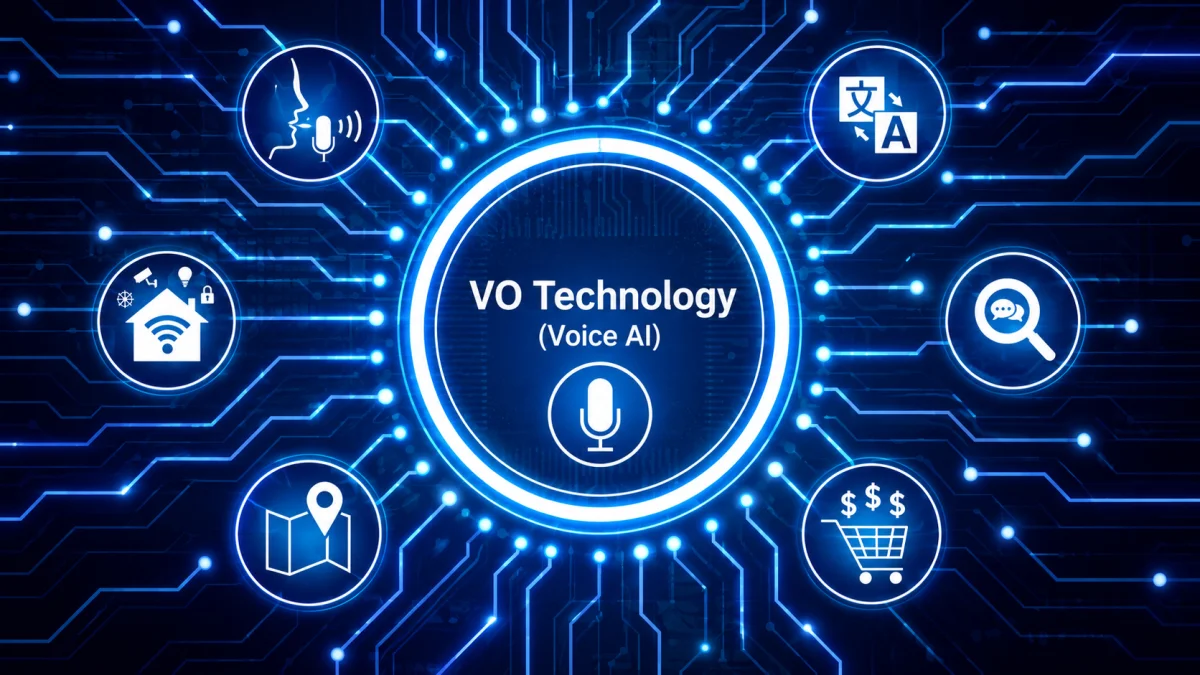 A technical diagram of VO Technology (Voice AI) surrounded by icons for translation, smart home integration, navigation, and e-commerce on a blue circuit board background.