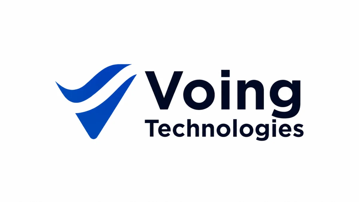 The official logo for Voing Technologies, featuring a blue stylized checkmark icon and bold dark text, representing excellence in VO Technology.