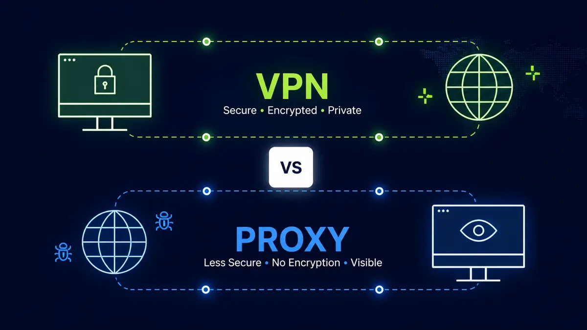 Illustration comparing VPN and proxy connections, showing a secure encrypted VPN link between a computer and the internet on top, and a less secure proxy connection with monitoring icons on the bottom.