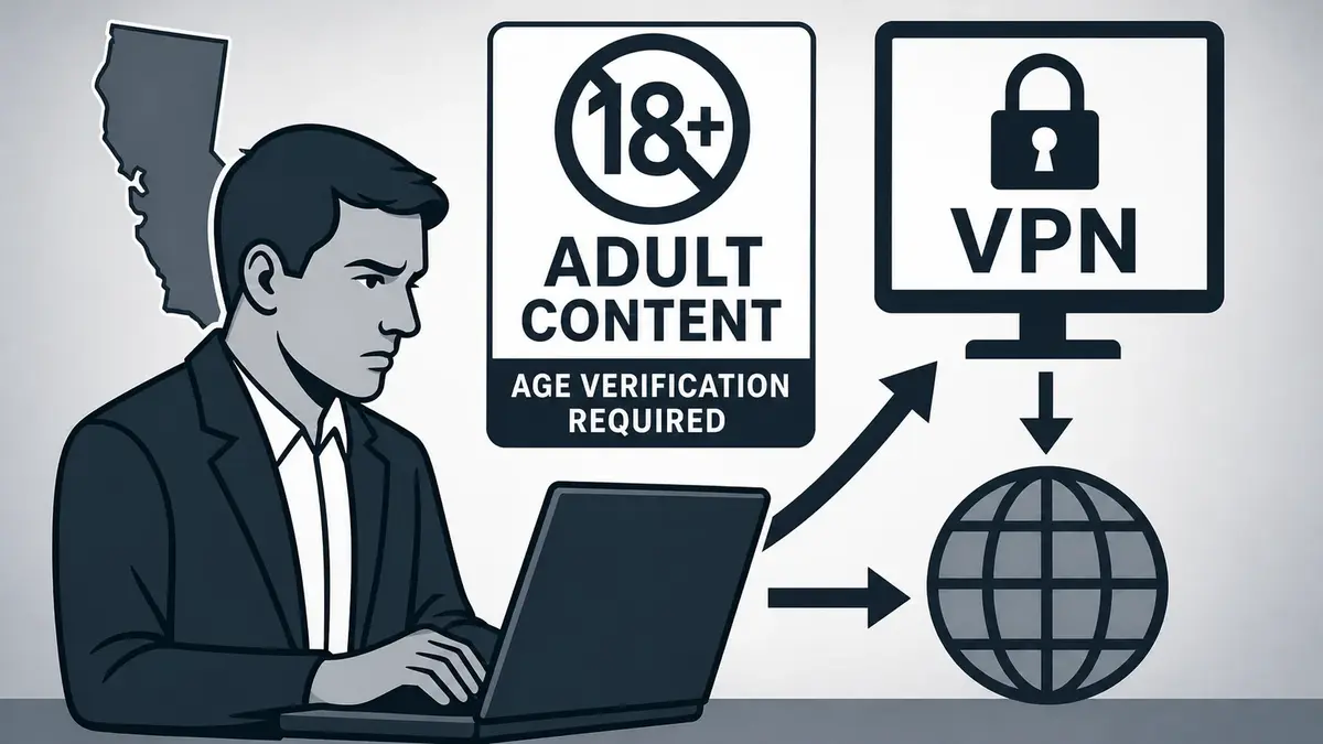 Man using a laptop with icons showing “18+ Adult Content Age Verification Required,” a VPN lock symbol, and directional arrows linking the computer to the internet, illustrating VPN-based age verification enforcement.