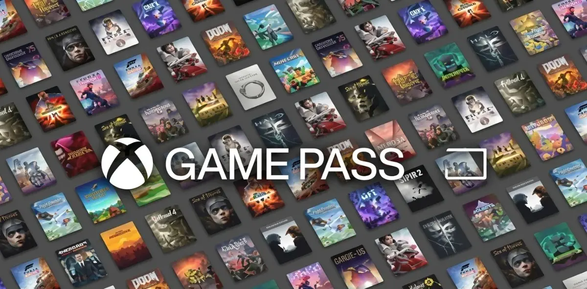 Xbox Game Pass banner featuring a grid of colorful video game covers and the Xbox logo.