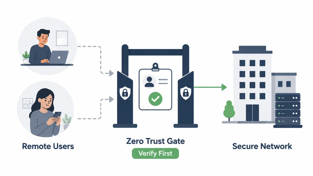 A Zero Trust security infographic outlining identity verification protocols, serving as a core element within a cybersecurity checklist for IT support teams.