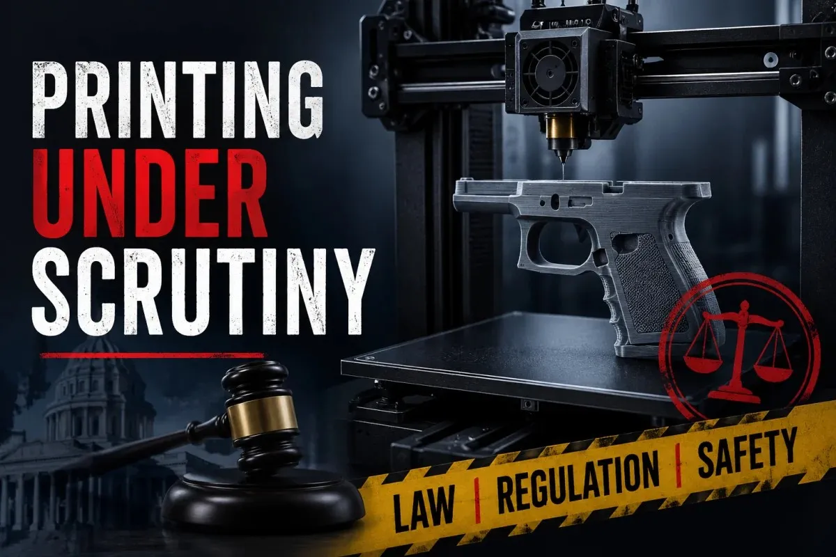 3D printer creating a firearm component alongside legal symbols representing new laws and digital gun safety regulations