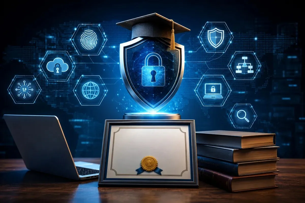 Futuristic cybersecurity concept featuring a glowing shield and certification trophy on a digital desk, surrounded by holographic security icons and technology elements, representing Cybersecurity Engineer certifications and professional achievement.