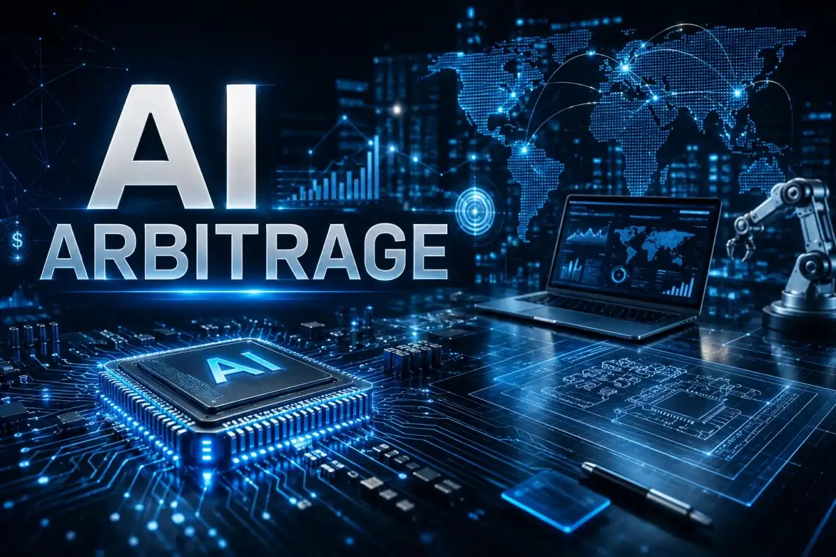 AI Arbitrage concept banner showing a glowing AI processor on a circuit board, global digital network map, financial charts, automated robotics, engineering blueprints, and advanced analytics dashboards representing AI-powered trading, automation, scalability, productivity, and data-driven decision-making.