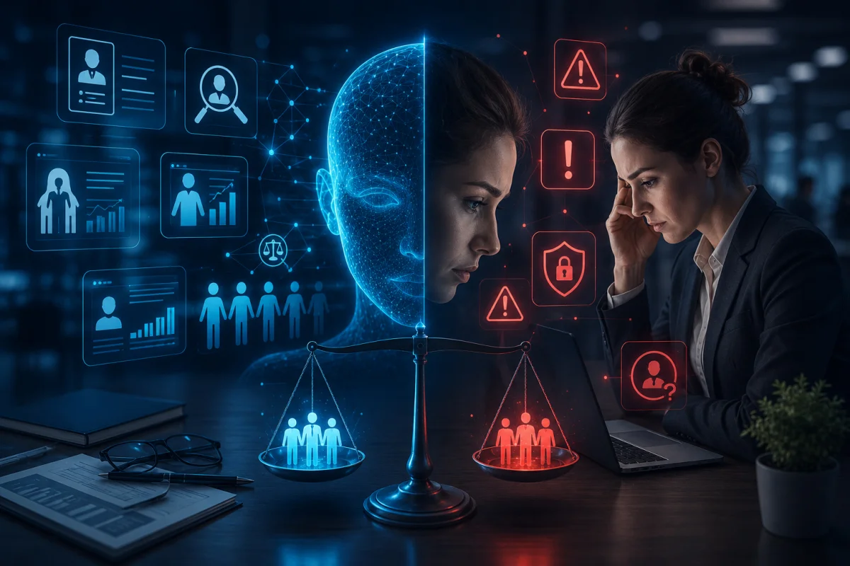 AI Tools For HR showing AI risk management, data privacy protection, workforce analytics, ethical hiring challenges, algorithmic bias concerns, and secure HR automation systems.