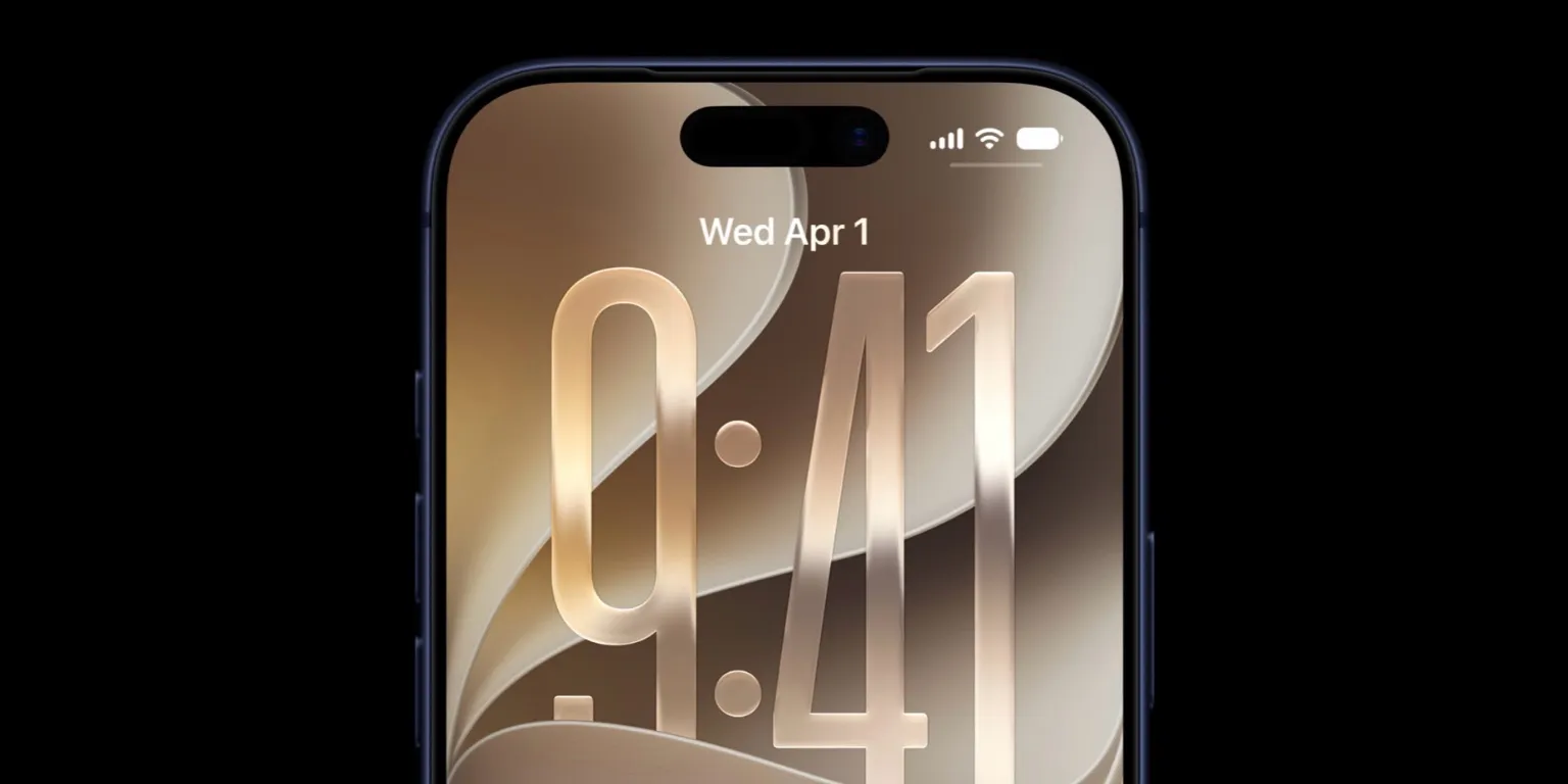 A close-up concept render of an iPhone running iOS 27, displaying a minimalist gold lock screen with abstract fluid wallpaper textures and a stylized vertical 9:41 clock font.