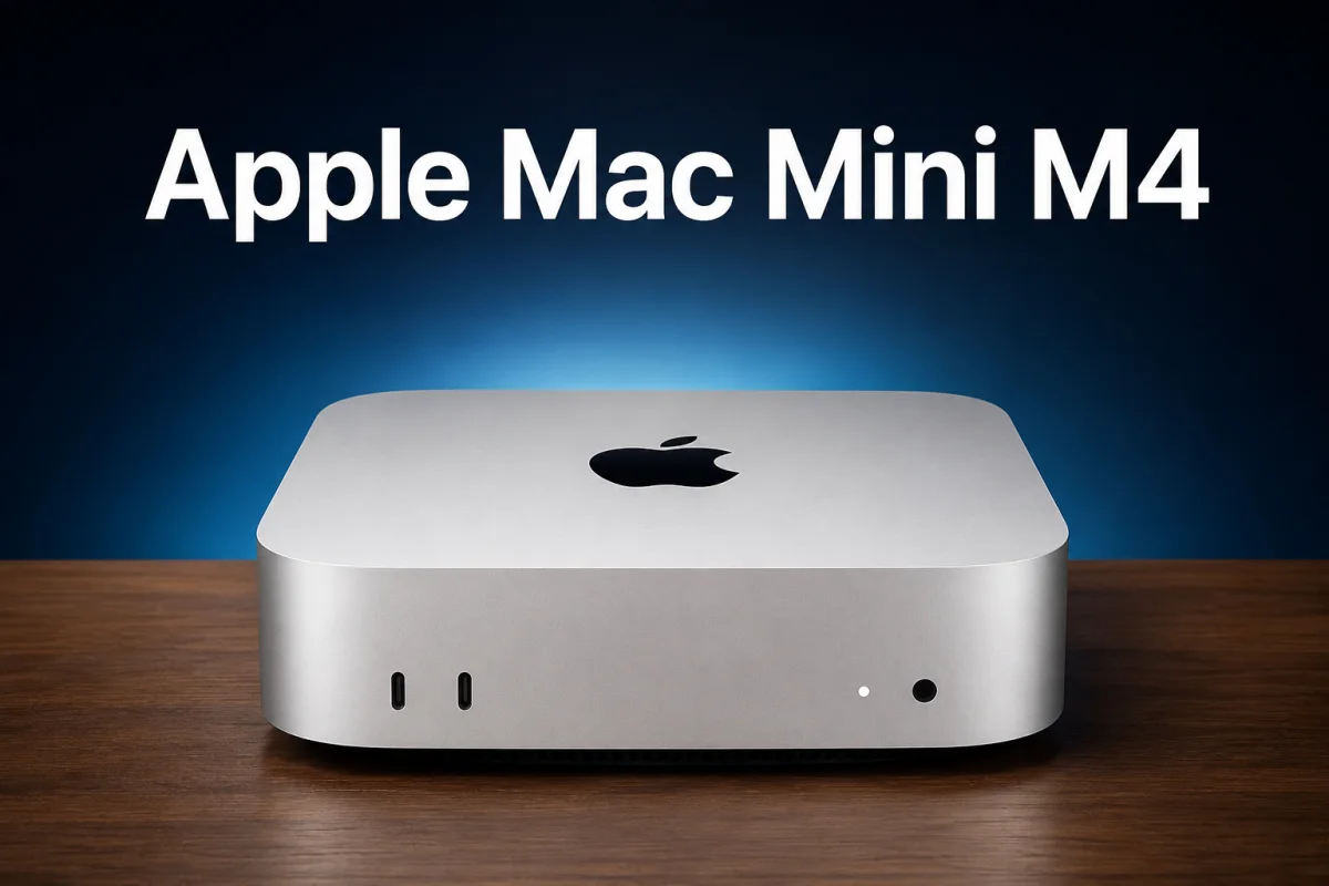 Apple Mac Mini M4 compact desktop computer on a clean wooden desk with a modern blue background.