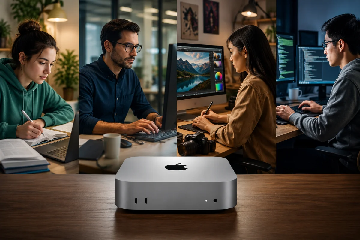 Apple Mac Mini M4 displayed with students, professionals, content creators, and developers using the compact desktop in different work environments.