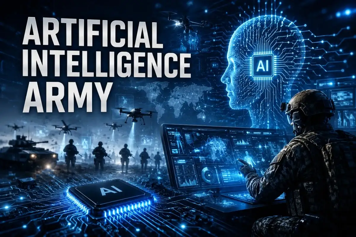 Artificial Intelligence Army visualization showing AI-powered military operations, autonomous drones, digital warfare systems, smart battlefield analytics, and advanced defense technology.