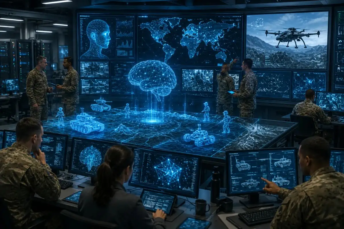 Artificial Intelligence Army command center with military officers analyzing AI data, drone operations, battlefield simulations, and real-time strategic intelligence systems.