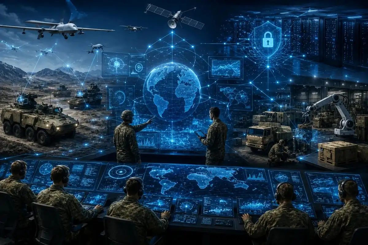 Artificial Intelligence Army network displaying AI-driven defense systems, military drones, cybersecurity protection, autonomous logistics, and global battlefield coordination.