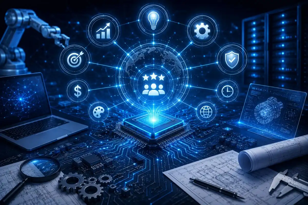 Technology clipart featuring a futuristic digital workspace with microchips, electronic circuits, holographic benefit icons, engineering blueprints, cybersecurity elements, and connected network systems representing the advantages of technology clipart in modern projects.