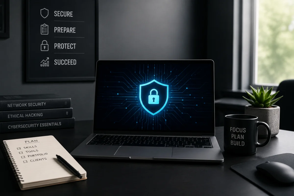 A dark professional workspace showcasing cybersecurity for freelancers, featuring a laptop with a glowing digital shield lock on screen, textbooks, and a plan notebook.