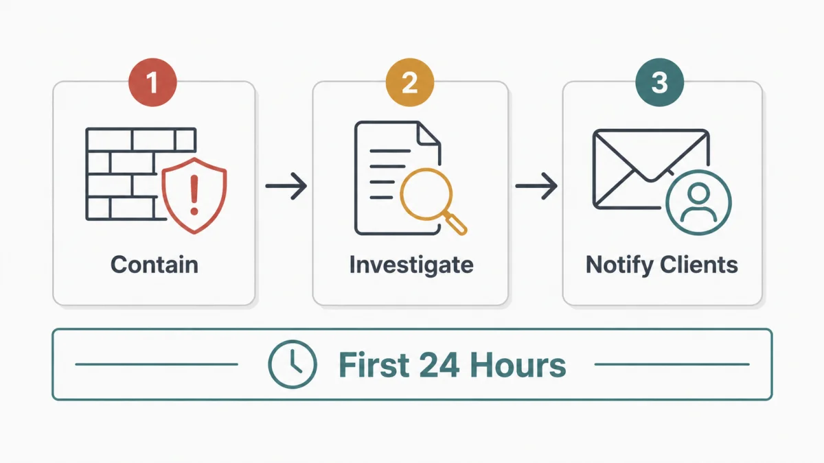 A three-step crisis timeline outlining immediate cybersecurity for law firms in the first 24 hours of a data breach, including Contain, Investigate, and Notify Clients.