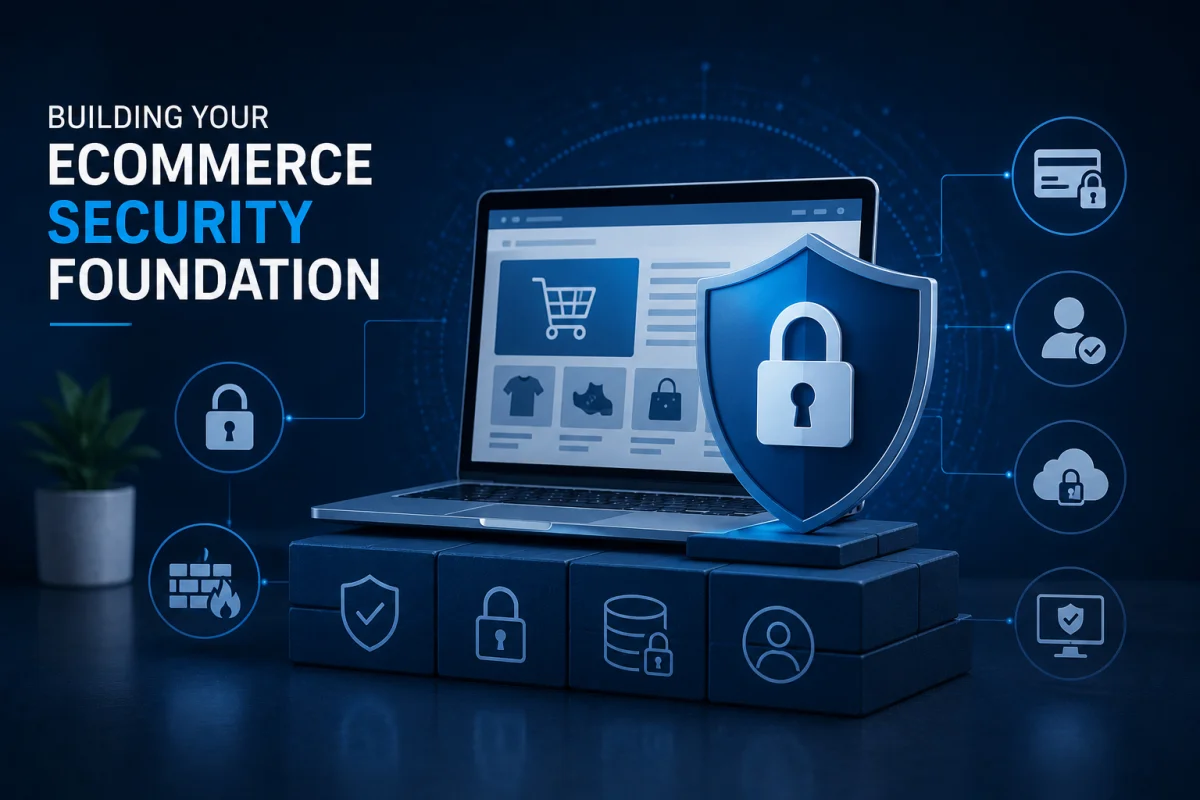 A digital graphic demonstrating cybersecurity for ecommerce stores, with text reading BUILDING YOUR ECOMMERCE SECURITY FOUNDATION next to a laptop resting on secure building blocks.