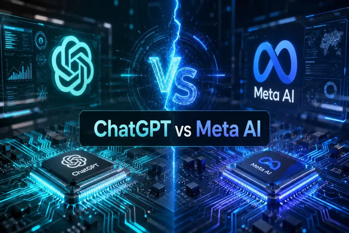 Futuristic tech graphic showing ChatGPT Vs Meta AI, with a glowing VS symbol in the center, ChatGPT branding on the left and Meta AI branding on the right, set against a digital circuit-board and AI dashboard background.