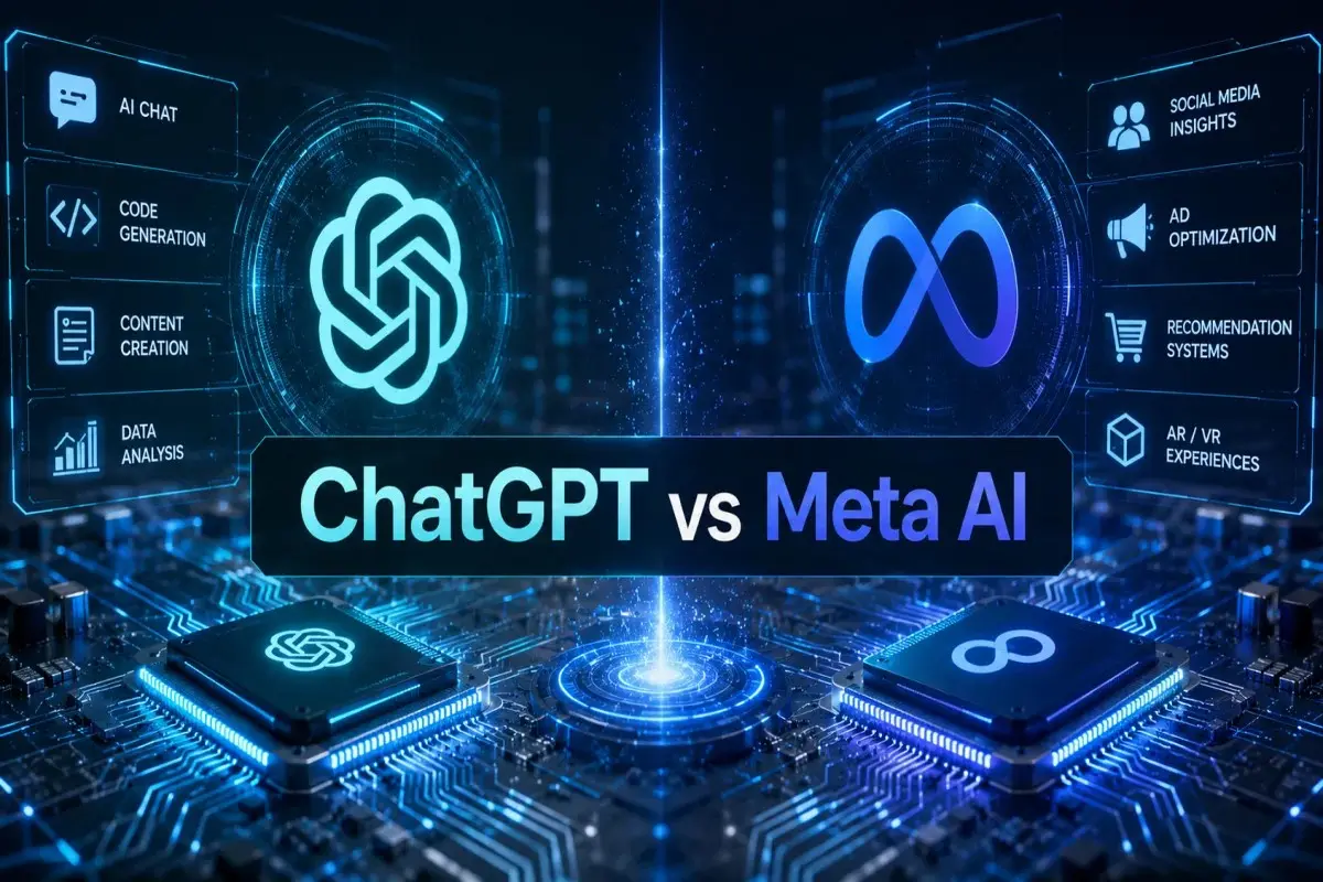 Futuristic comparison graphic showing ChatGPT Vs Meta AI, with ChatGPT features like AI chat, code generation, content creation, and data analysis on the left, and Meta AI features like social media insights, ad optimization, recommendation systems, and AR/VR experiences on the right, separated by a glowing central divider.