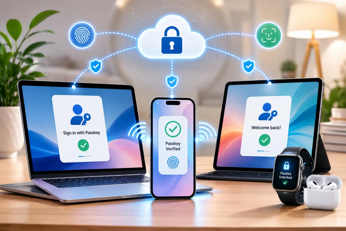A digital infographic demonstrating cross-device passkeys vs passwords sync, featuring a laptop, smartphone, tablet, and smartwatch linked to a secure cloud network with biometric icons.