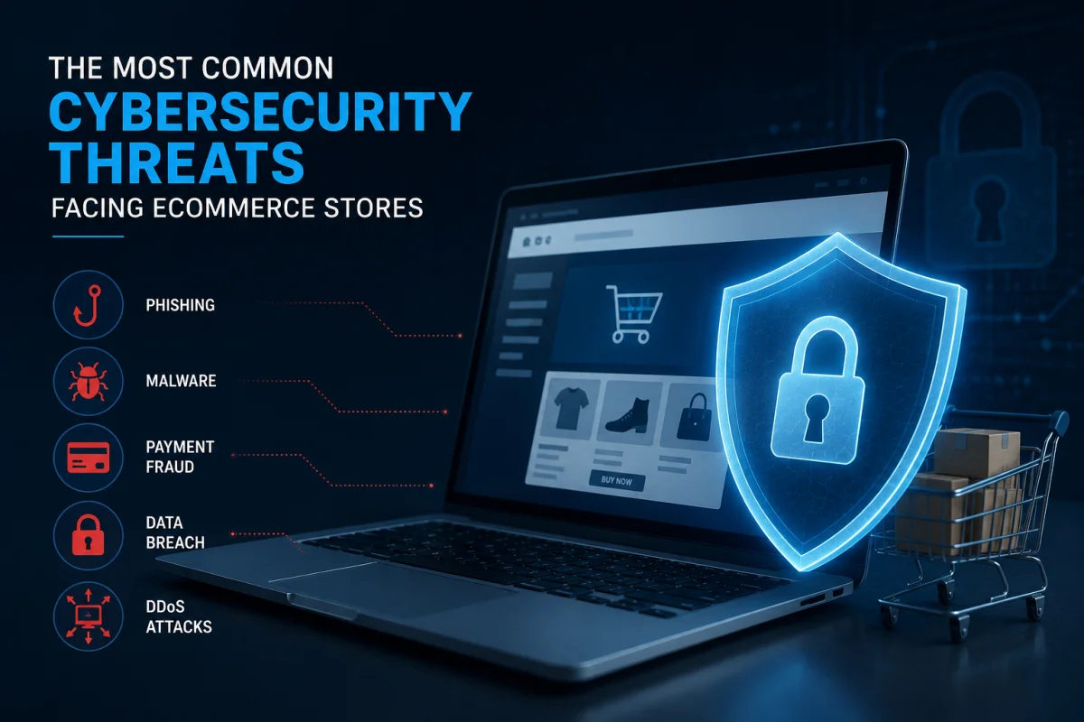 An infographic detailing critical threat vectors for cybersecurity for ecommerce stores, showing a list for Phishing, Malware, Payment Fraud, Data Breach, and DDoS Attacks next to a protected laptop.