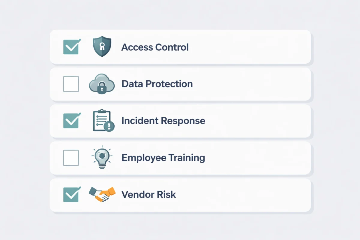 A five-tier compliance checklist graphic mapping out essential domains of a corporate cybersecurity policy, showing active checkboxes for access control, incident response, and vendor risk.