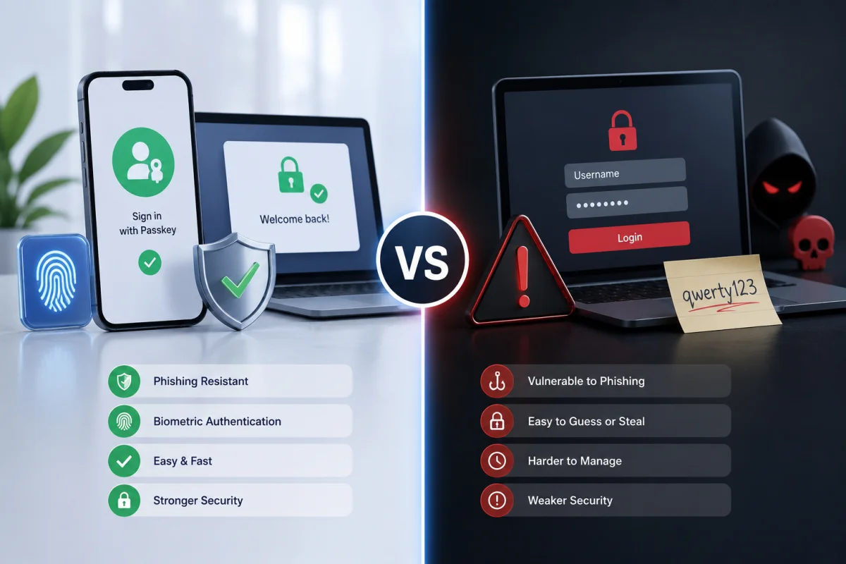 A side-by-side infographic comparing passkeys vs passwords, showing a secure smartphone biometric login on the left and a vulnerable password field with a weak sticky note on the right.