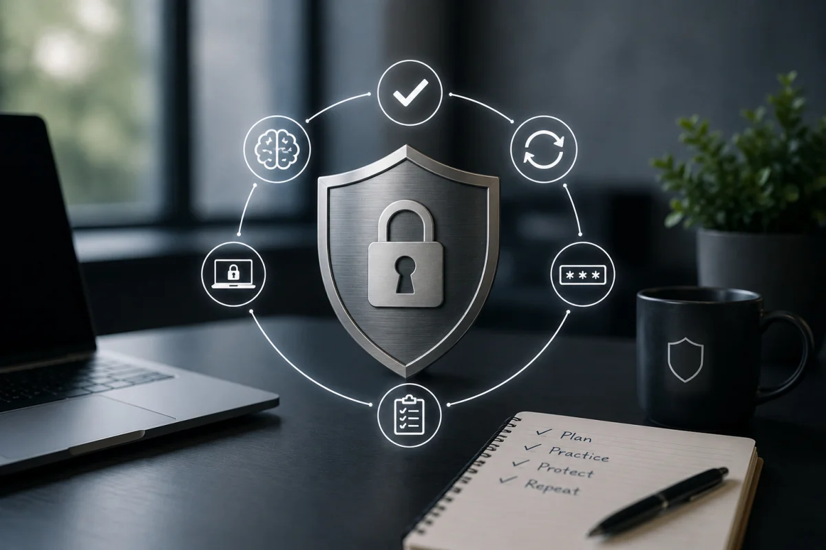 A dark professional desk showing cybersecurity for freelancers, featuring a silver shield padlock graphic surrounded by process icons, a laptop, and a checked list reading Plan, Practice, Protect, Repeat.