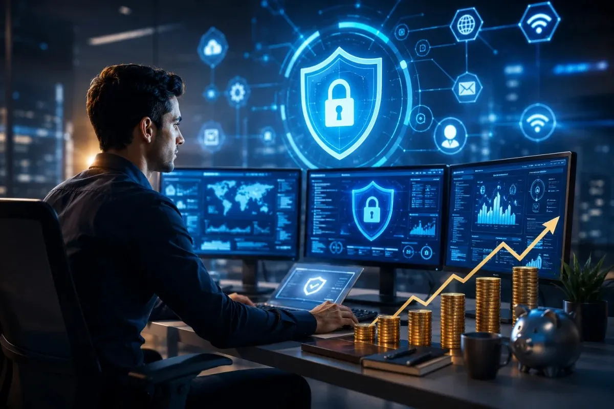 Cybersecurity Engineer working in a high-tech security operations center with multiple monitoring screens, digital security shields, cybersecurity certification concepts, network protection systems, and visual indicators of career growth and salary advancement.