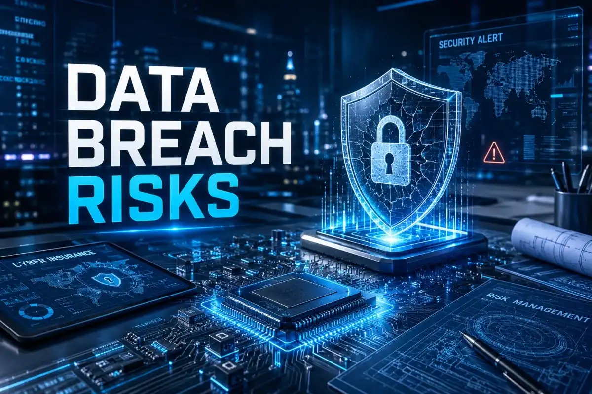 Data Breach risks visualized with futuristic cyber insurance technology, digital security shield, microchips, holographic interfaces, and advanced electronic networks.