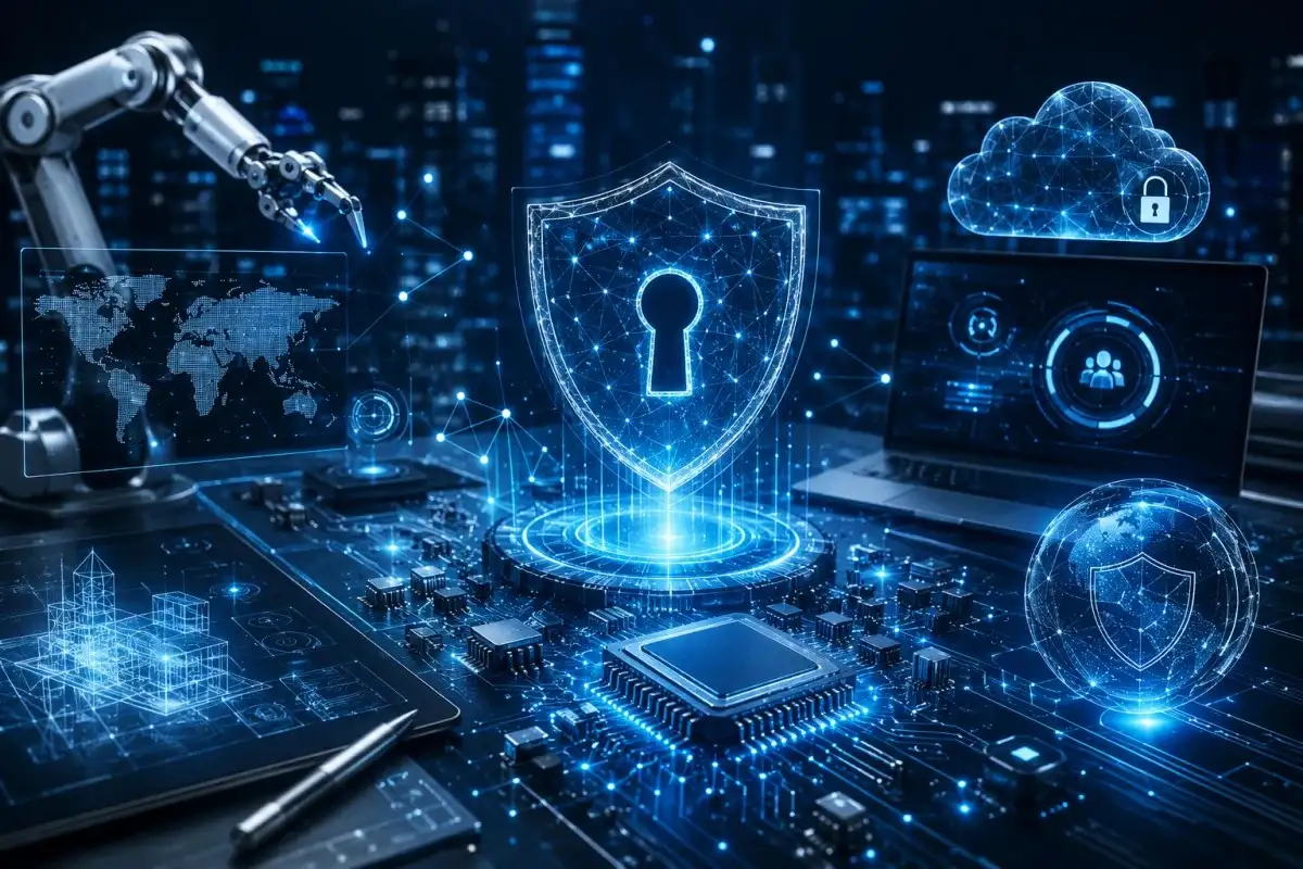 Futuristic cyber security shield with keyhole surrounded by digital networks, cloud security icons, and AI systems representing Data Breach protection in a high-tech environment.