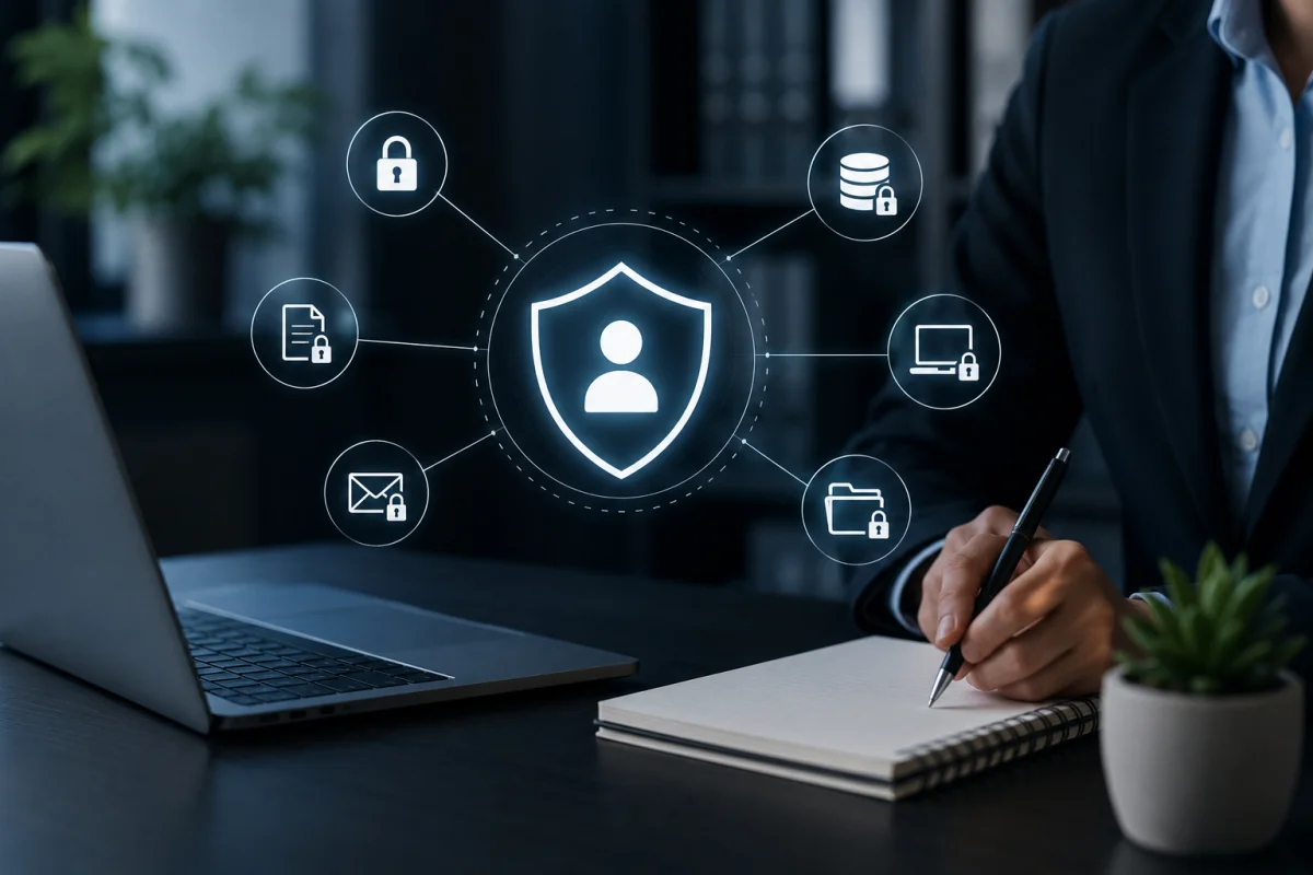 A corporate professional signing a notebook next to a laptop displaying a glowing user shield icon linked to email, document, folder, and device lock nodes for cybersecurity for freelancers.
