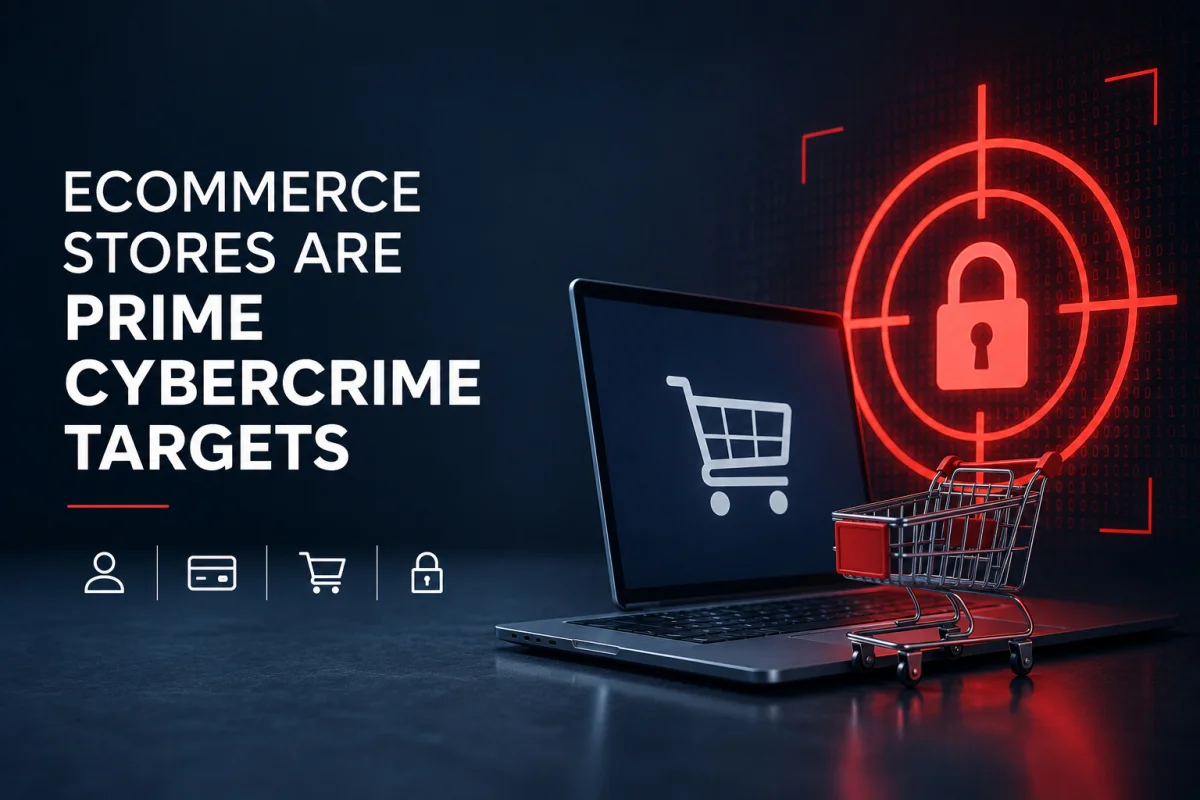 A dark promotional graphic explaining the need for cybersecurity for ecommerce stores, reading ECOMMERCE STORES ARE PRIME CYBERCRIME TARGETS next to a laptop and target crosshairs over a padlock.
