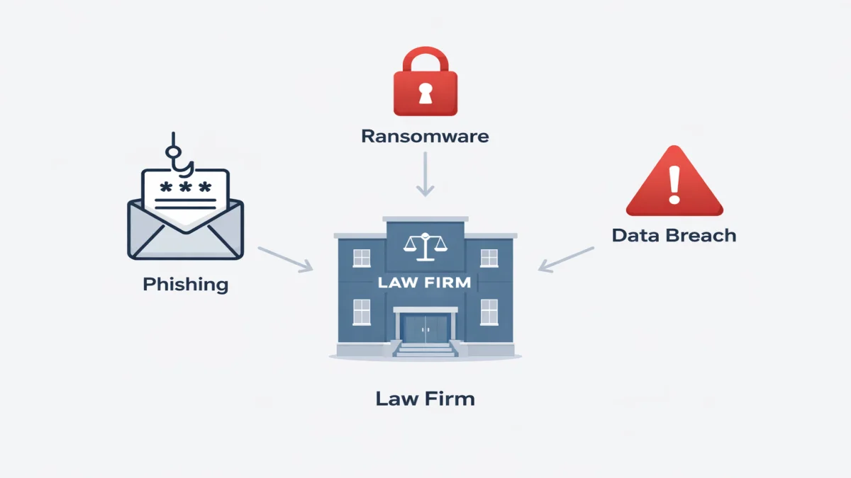 An infographic illustrating critical risks addressed by cybersecurity for law firms, showing arrows for phishing, ransomware, and data breaches pointing toward a central law firm building.